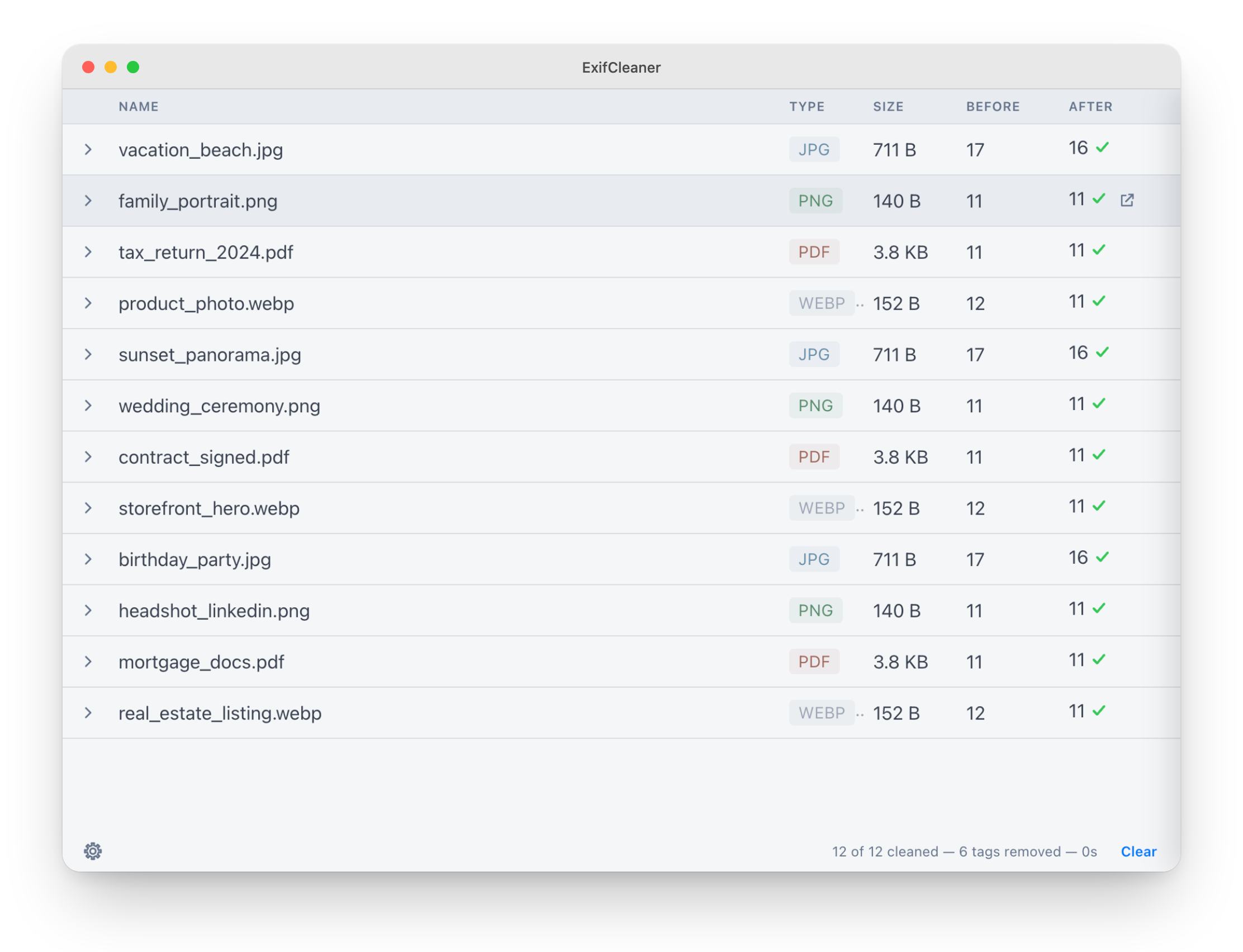 ExifCleanerのメタデータ処理画面(公式スクリーンショット)