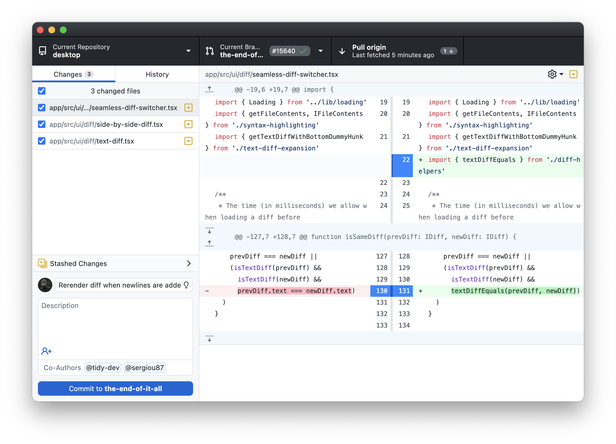 GitHub Desktopの変更内容・コミット確認画面(公式README画像)