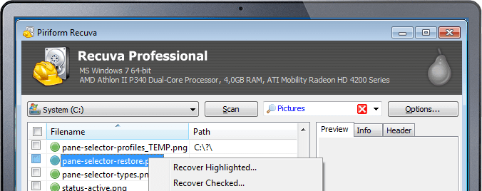 Recuva公式掲載の旧Professional版参考画面（無料版の実測画面ではありません）