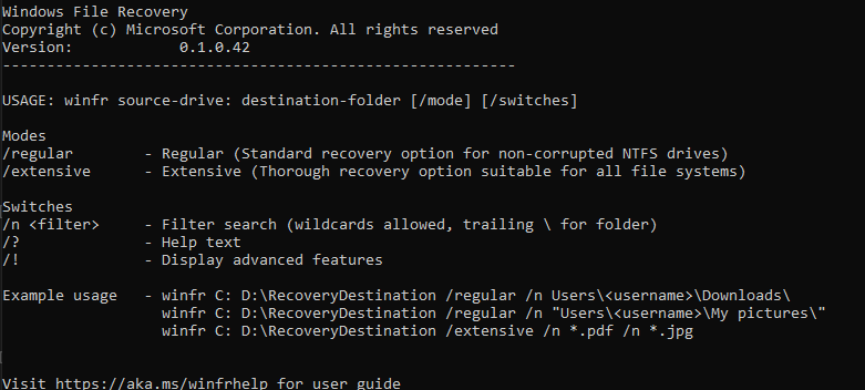 Windows File Recovery公式ストアのコマンド画面