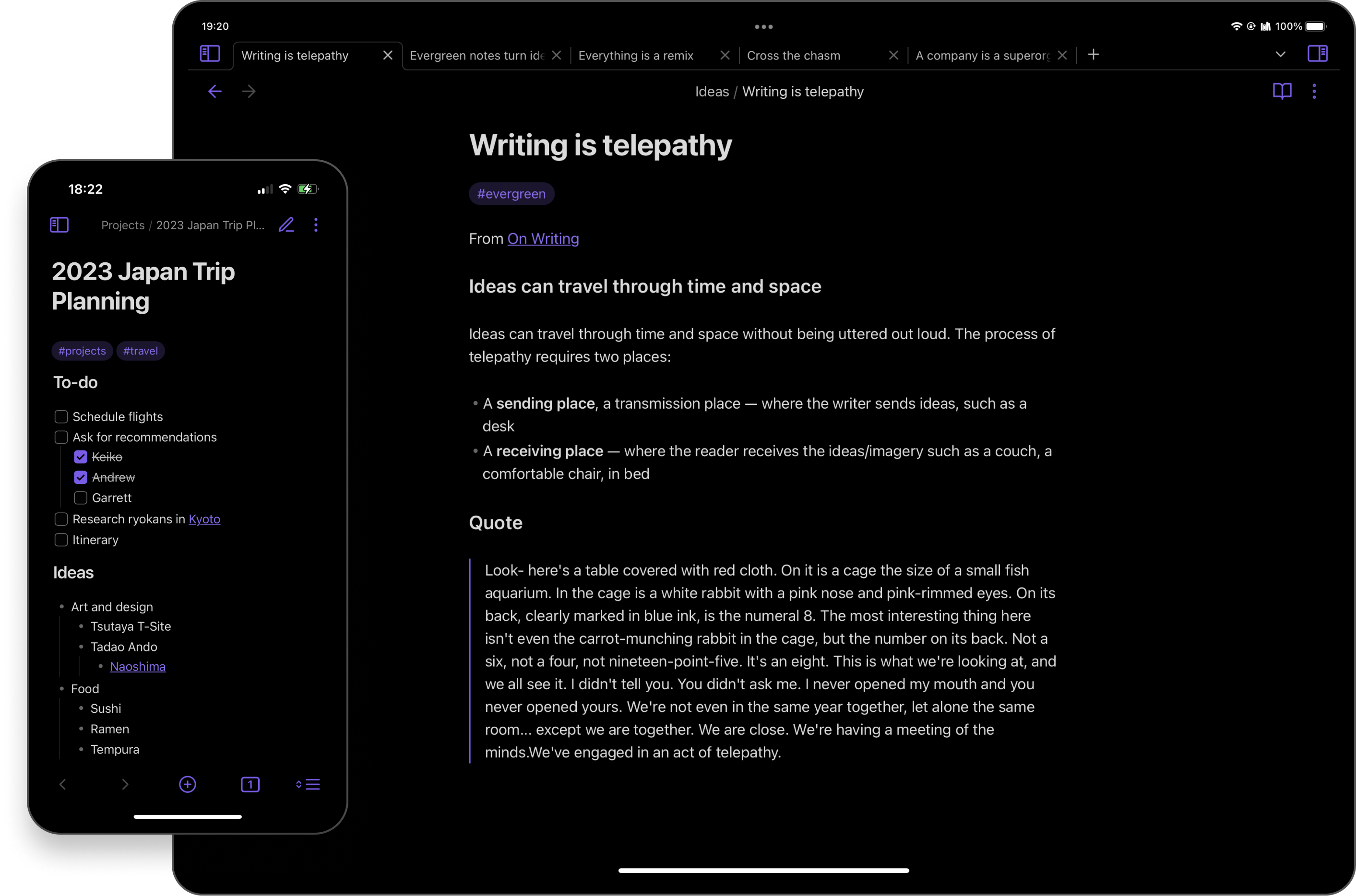 Obsidian 公式モバイルページの iPad・iPhone 画面例（バージョン未確認）