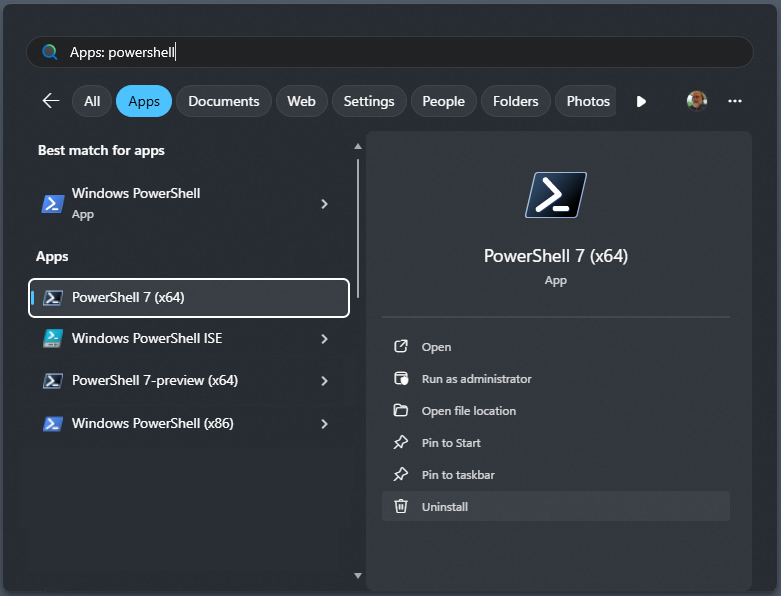 Microsoft Learn の PowerShell 7 起動メニュー例(実行画面ではありません)