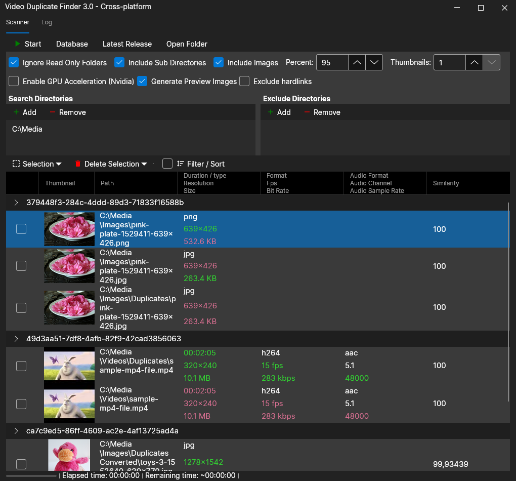 Video Duplicate Finder 公式 README の画面例