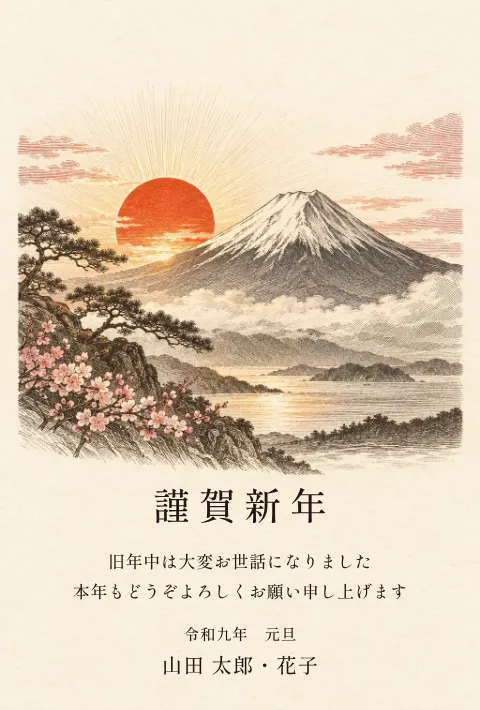 富士と初日の出の年賀状 2027 無料テンプレート（銅版画・絵柄たっぷり）No.91