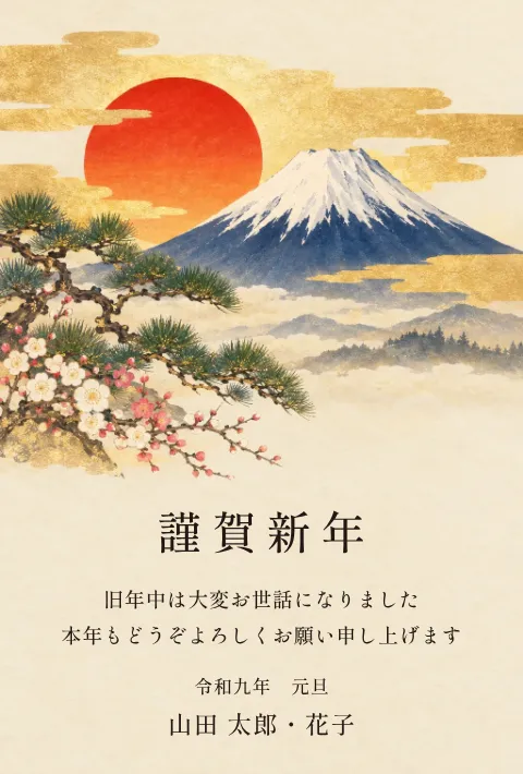 富士と初日の出の年賀状 2027 無料テンプレート（日本画・金箔・絵柄たっぷり）No.101