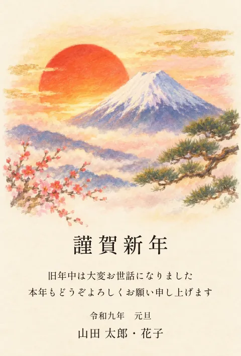 富士と初日の出の年賀状 2027 無料テンプレート（パステル・絵柄たっぷり）No.111