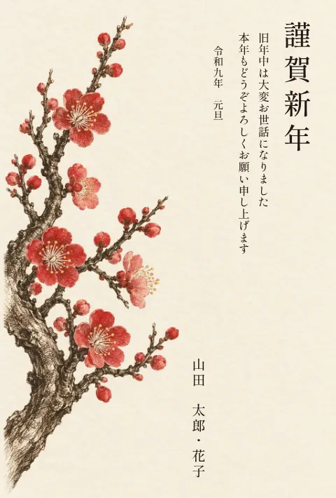 梅の年賀状 2027 無料テンプレート（銅版画・縦書き向き）No.46