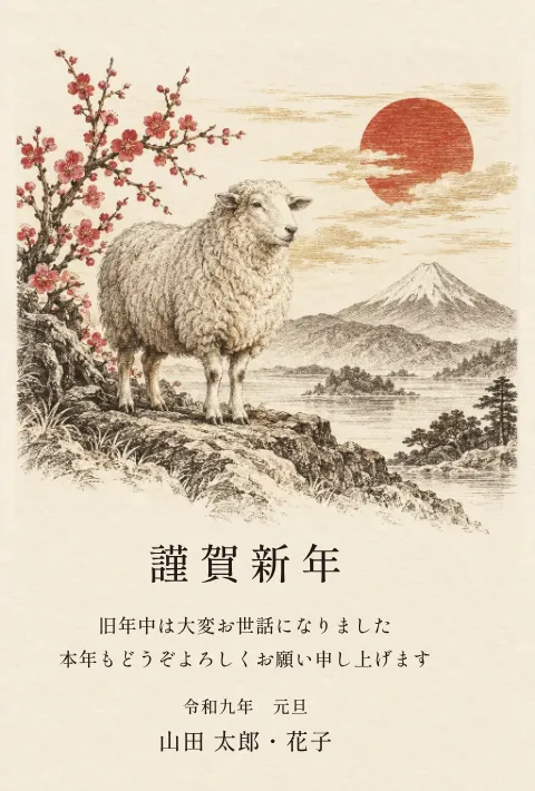 羊の年賀状 2027 無料テンプレート（銅版画・絵柄たっぷり）No.94