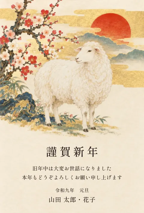 羊の年賀状 2027 無料テンプレート（日本画・金箔・絵柄たっぷり）No.104
