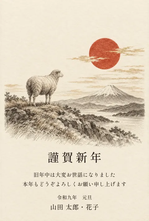 余白・現代の年賀状 2027 無料テンプレート（銅版画・絵柄たっぷり）No.92