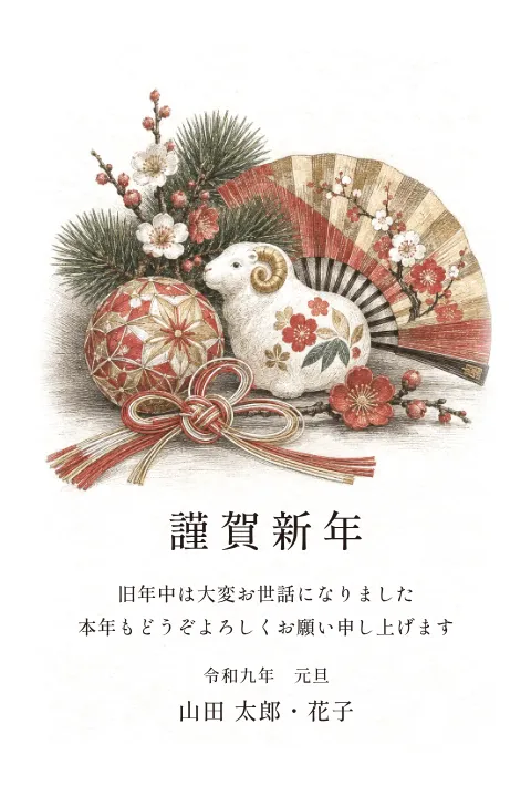 縁起物の年賀状 2027 無料テンプレート（銅版画・絵柄たっぷり）No.90