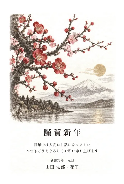 梅の年賀状 2027 無料テンプレート（銅版画・絵柄たっぷり）No.93