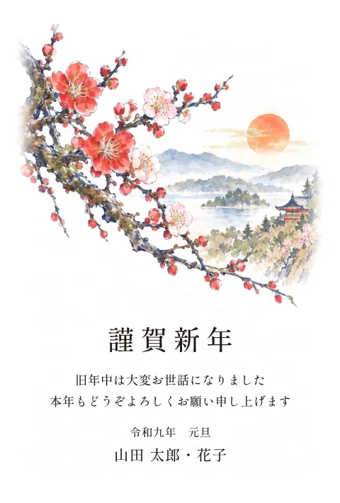 梅の年賀状 2027 無料テンプレート（ペン淡彩・絵柄たっぷり）No.118