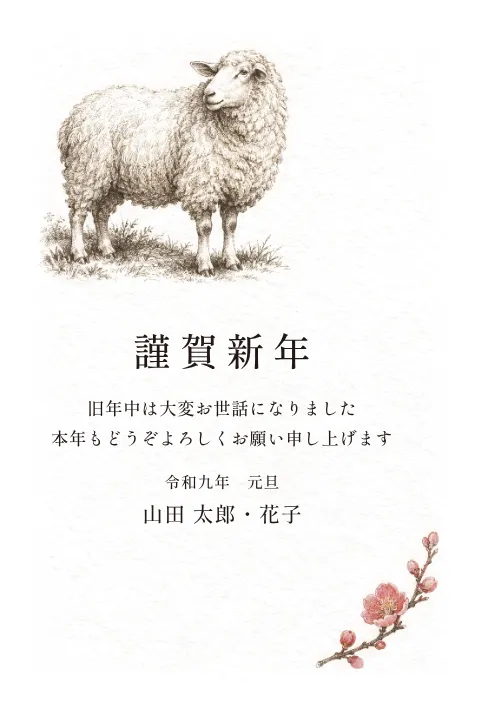 羊の年賀状 2027 無料テンプレート（銅版画・対角の絵）No.31
