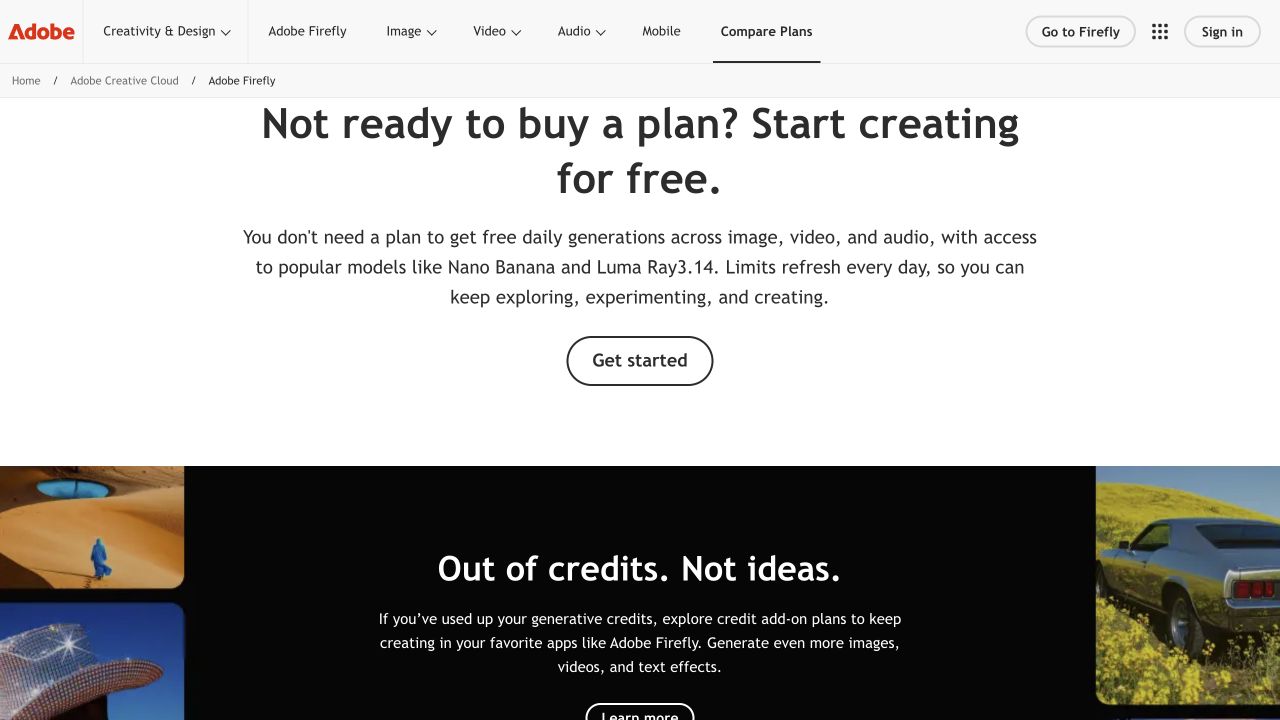 Adobe Firefly公式料金ページの日次無料生成の案内。2026年10月15日撮影。